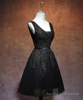 Black V Neck Tulle Lace Short Prom Dress, Black Homecoming Dresses